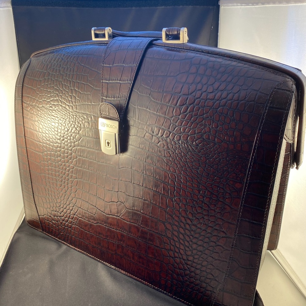 Bosca Dark Brown Crocodile Embossed Briefcase